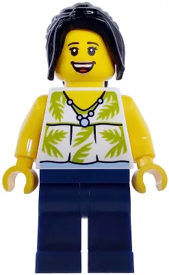 Plane Passenger - Female, White Sleeveless Top with Lime Palm Leaves, Dark Blue Legs, Black Hair Ponytail