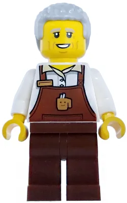 Barista - Male, Reddish Brown Apron with Cup and Name Tag, Reddish Brown Legs, Light Bluish Gray Hair Coiled