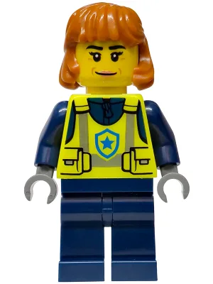 Police - City Officer Female, Neon Yellow Safety Vest, Dark Blue Legs, Dark Orange Mid Length Hair, Closed Mouth Smile