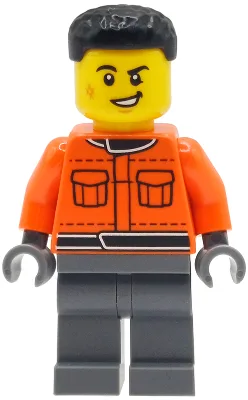 Formula 1 Pit Crew Member - Male, Reddish Orange Racing Suit with Pockets, Dark Bluish Gray Legs, Black Hair, Scuff Mark