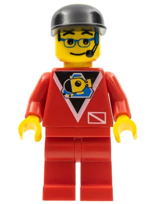 Taucher - Control 2, rote Beinschienen, schwarze Badekappe, Brille und Headset