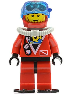 Plongeurs - Plongeur rouge 1, jambes rouges et hanches noires, casque rouge, bouteille de plongée gris clair, palmes