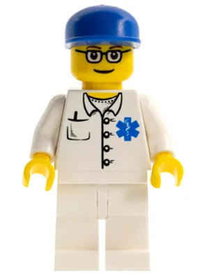 Médecin - Ambulancier - Chemise boutonnée Étoile de Vie, pantalon blanc, casquette bleue, lunettes