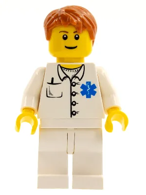 Arzt/Rettungssanitäter, Hemd mit Aufdruck „Star of Life“, weiße Beine, kurzes, dunkelorangefarbenes, zerzaustes Haar, rötlich-braune Augenbrauen