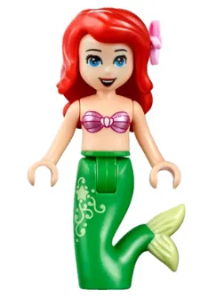 Ariel, Mermaid (Light Nougat) - Metallic Pink Shell Bra Top, Bright Green Tail with Star and Filigree, Medium Blue Eyes, Bright Pink Flower