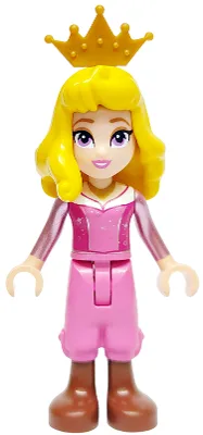 Aurora - Dark Pink Top, Metallic Pink Sleeves, Gold Necklace, Dark Pink Cropped Trousers, Reddish Brown Boots, Yellow Hair, Crown Tiara