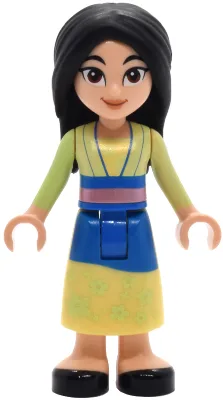 Mulan - Robe vert jaunâtre et jaune clair vif, chaussures noires, large sourire avec des coins creusés