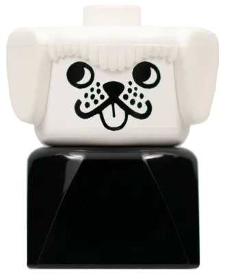 Brique Duplo 2 x 2 x 2, figurine ancienne, chien sur socle noir, tête blanche, regarde droit