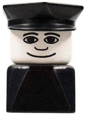 Figurine Duplo 2 x 2 x 2 (modèle ancien), homme sur socle noir, casquette de police noire, large sourire
