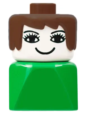 Duplo 2x2x2 Figurenstein, frühe Ausführung, weiblich auf grünem Sockel, braunes Haar, Wimpern