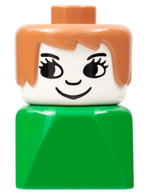 Duplo 2x2x2 Figurenstein, frühe Ausführung, weiblich auf grünem Sockel, wunderschönes braunes Haar, Wimpern, Nase