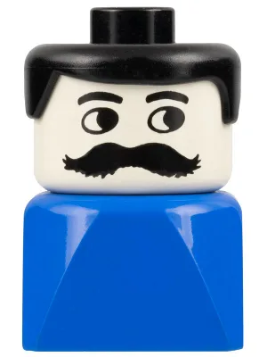 Duplo 2x2x2 Figurenstein (frühe Version), männlich auf blauem Sockel, schwarze Haare, Schnurrbart