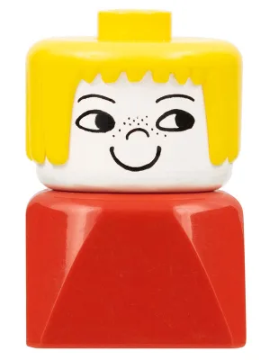 Duplo 2 x 2 x 2 Figurenstein, frühe Ausführung, weiblich auf rotem Sockel, gelbe Haare, Sommersprossen
