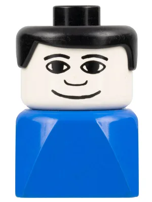Duplo 2 x 2 x 2 figuurblokje, vroege versie, man op blauwe basis, zwart haar, brede glimlach