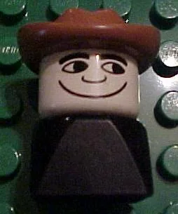 Duplo 2x2x2 Figur, frühe Ausführung, Mann auf schwarzem Sockel, Fabuland-brauner Westernhut, Blick nach links