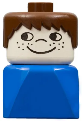 Duplo 2 x 2 x 2 Figurenstein, frühe Ausführung, männlich auf blauem Sockel, braunes Haar, Sommersprossen auf den Wangen