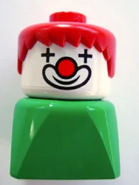 Duplo 2x2x2 Figurenstein (frühe Version), Clown auf grünem Sockel, rote Haare