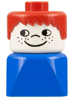 Duplo 2 x 2 x 2 Figurenstein, frühe Ausführung, männlich auf blauem Sockel, rote Haare, Sommersprossen auf den Wangen
