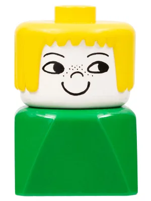 Duplo 2x2x2 Figurenstein, frühe Ausführung, weiblich auf grünem Sockel, gelbe Haare, Sommersprossen auf der Nase