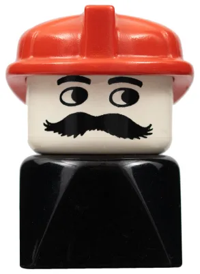 Duplo 2 x 2 x 2 Figurenstein, frühe Ausführung, männlich auf schwarzem Sockel, Schnurrbart, roter Hut (Feuerwehrmann)