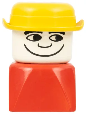 Duplo 2x2x2 Figurenstein (frühe Ausführung), männlich auf rotem Sockel, gelber Bowlerhut
