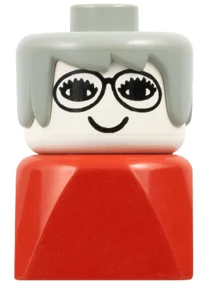 Duplo 2 x 2 x 2 figuurblokje, vroege versie, vrouw op rode voet, grijs haar, bril (grootmoeder)