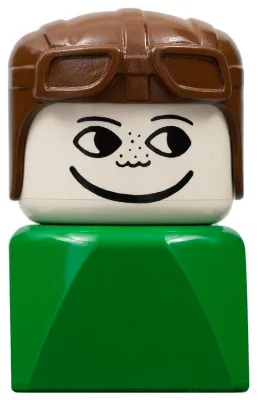 Duplo 2 x 2 x 2 figuurblokje, vroege versie, man op groene voet, bruine pilotenmuts