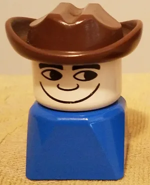 Duplo 2 x 2 x 2 figuurblokje, vroege versie, man op blauwe voet, Fabuland bruine westernhoed