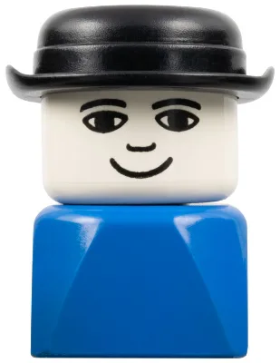 Brique Duplo 2 x 2 x 2, figurine masculine (modèle ancien), chapeau melon sur socle bleu.