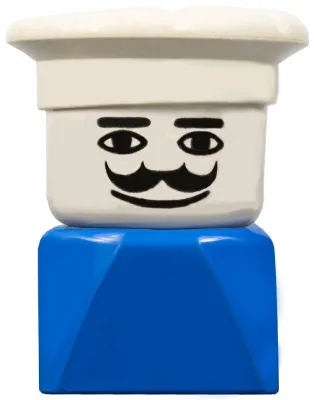 Brique Duplo 2 x 2 x 2, figurine masculine (modèle ancien), sur socle bleu, toque de chef, moustache.