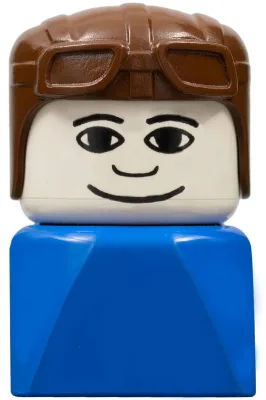 Duplo 2 x 2 x 2 figuurblokje, vroege versie, man op blauwe voet, bruine pilotenmuts