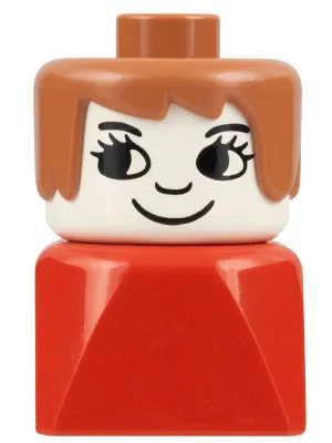 Duplo 2x2x2 Figurenstein, frühe Ausführung, weiblich auf rotem Sockel, wunderschönes braunes Haar, Wimpern, Nase