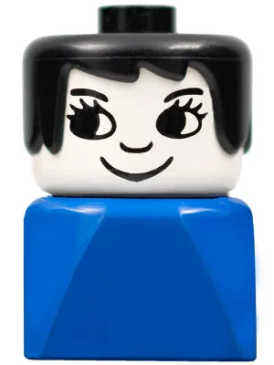 Brique Duplo 2 x 2 x 2, figurine ancienne, femme sur socle bleu, cheveux noirs, cils et nez noirs.