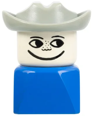 Brique Duplo 2 x 2 x 2, figurine masculine (modèle ancien), sur socle bleu, chapeau western gris clair, taches de rousseur.
