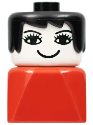 Brique Duplo 2 x 2 x 2, figurine ancienne, femme sur socle rouge, cheveux noirs, cils et nez noirs.