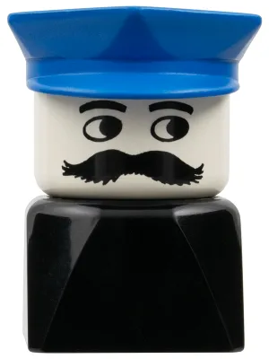 Duplo 2x2x2 Figurenstein (frühe Version), männlich auf schwarzem Sockel, blauer Polizeihut, Schnurrbart