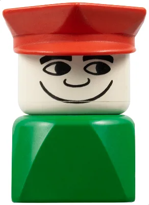 Duplo 2 x 2 x 2 figuurblokje, vroege versie, man op groene voet, rode politiepet.