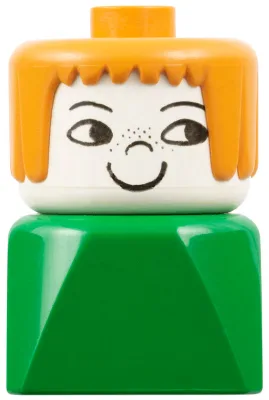 Figurine Duplo 2 x 2 x 2 (modèle ancien), femme sur socle vert, cheveux orange terre, taches de rousseur sur le nez