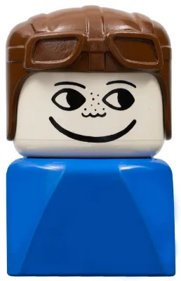Brique Duplo 2 x 2 x 2, figurine masculine (modèle ancien), sur socle bleu, chapeau d'aviateur marron, taches de rousseur.