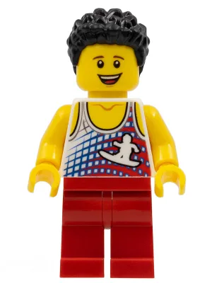 Male, Tank Top with Surfer Silhouette, Red Legs, Black Hair