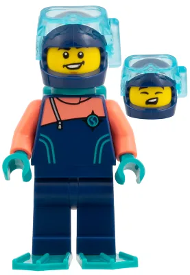 Arctic Explorer duiker - Donkerblauw wetsuit met koraalkleurige mouwen, donker turkooizen duikfles en zwemvinnen, donkerblauwe helm
