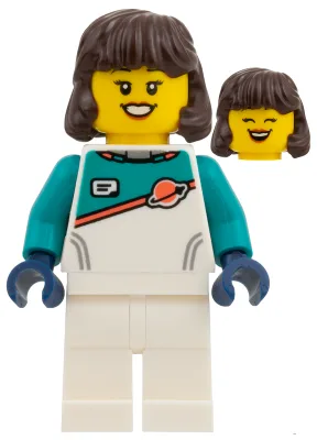 Astronaut - Female, Dark Brown Hair, White Spacesuit with Dark Turquoise Panel and Sleeves