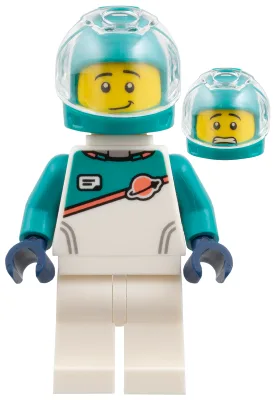 Combinaison spatiale blanche d'astronaute avec empiècements et manches turquoise foncé, casque turquoise foncé