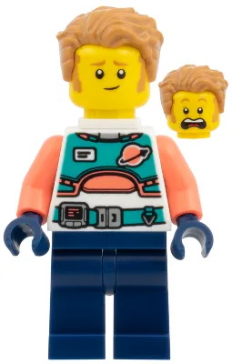 Astronaute - Combinaison spatiale avec jambes bleu foncé, bras corail, cheveux châtain moyen