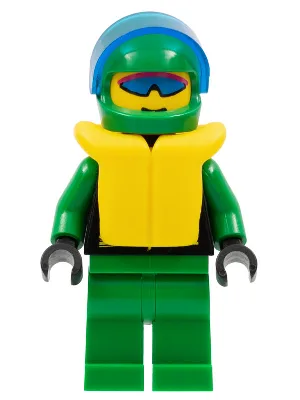 Extreme Team – Grün, grüne Beine, grüner Helm, Schwimmweste, transparent-dunkelblaues Visier