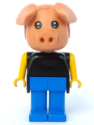 Fabuland-Schwein – Hugo-Schwein, blaue Beine, schwarzes Oberteil, gelbe Arme