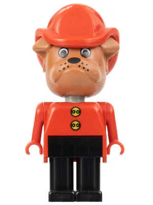 Fabuland Bulldog - Barty Bulldog (Chef des pompiers), Tête marron, Casque de pompier rouge, Pattes noires, Boutons