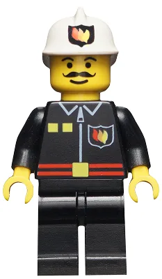 Feuer – Flammenabzeichen und 2 Knöpfe, schwarze Beine, weißer Feuerwehrhelm mit Feuerlogo