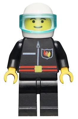Insigne de flamme et ligne droite, jambes noires, casque blanc, visière bleu clair translucide