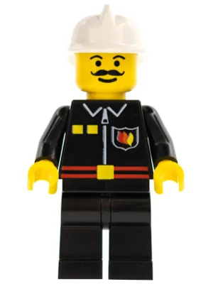 Vuur - Vlammenbadge en 2 knopen, zwarte broekspijpen, witte brandweerhelm